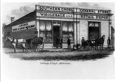 Photographic copy of lithograph: Pierce's Southern Cross Store, Tarnagulla, Pierce's Southern Cross Store, Tarnagulla, circa 1850 to 1871