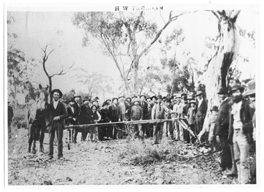 Photograph of Treloar's Foundry employees demonstrating a stump extractor, Treloar's Foundry employees demonstrating a stump extractor, between 1855 and 1894