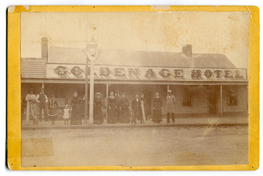 Photograph of people in front of the Golden Age Hotel, Tarnagulla, People in front of the Golden Age Hotel, Tarnagulla, c.1880s