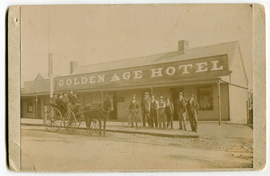 Photograph of people in front of the Golden Age Hotel, Tarnagulla, c.1906