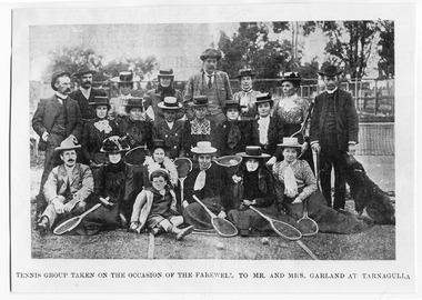 Photograph: Group of tennis players during a farewell occasion, Tarnagulla, TENNIS GROUP TAKEN ON THE OCCASION OF THE FAREWELL TO MR. AND MRS.  GARLAND AT TARNAGULLA, c.1890s