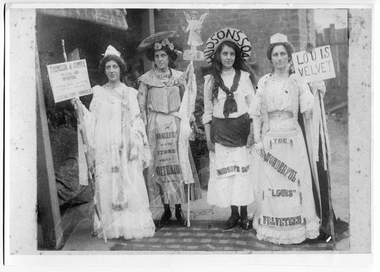 Photograph of the Bool sisters in fancy dress representing Tarnagulla's stores and their products, c1905, c.1905