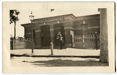 Photo-postcard depicting man outside Tarnagulla Post Office, c. 1920s