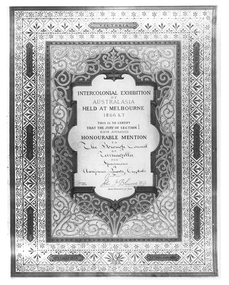 Photographic copy of Intercolonial Exhibition certificate, won by Tarnagulla Borough Council, c.1866-1867