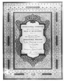 Photographic copy of Intercolonial Exhibition certificate, won by Tarnagulla Borough Council, c.1866-1867