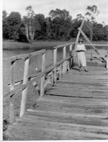 Photograph of a woman on the Reservoir jetty, Tarnagulla Recreation Reserve, Woman on the Reservoir jetty, Tarnagulla Recreation Reserve, circa 1930s (original image)