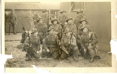 Photographic postcard - Soldiers from Tarnagulla and district in a military camp, Soldiers from Tarnagulla and district in a military camp, Exact date unknown, circa 1914-1918