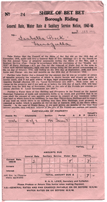 Rates Notice: Bock 1946, Shire of Bet Bet General Rate, Water & Sanitary Service Notice 1945-46, 1946