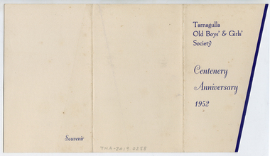 Card: Tarnagulla Old Boys' and Girls' Society Centenary Anniversary 1952, Tarnagulla Old Boys' and Girls' Society Centenary Anniversary 1952, 1952