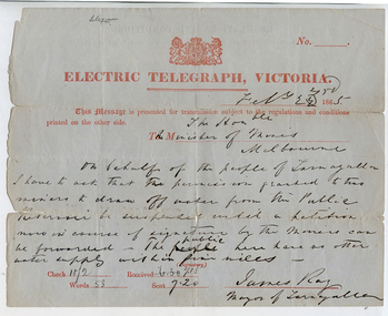 Telegram: Mayor of Tarnagulla  to the Minister of Mines, Melbourne, 22nd February 1865