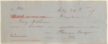 Post Office Order: to Mary Williams, 29th July 1867