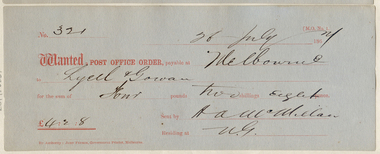 Post Office Order: to Lyell Gowan, 26th July 1867
