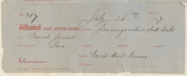 Post Office Order: to David Jones, 30th July 1867