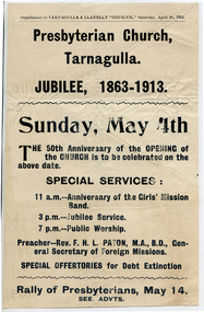 Advertisement: Tarnagulla Presbyterian Church Jubilee, 1913