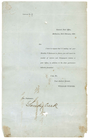 Breach notice from Postmaster General to Postmaster, Sandy Creek (1860), 23rd February, 1860