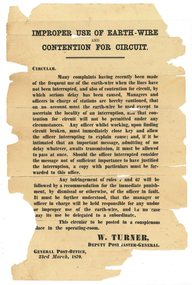 Circular from Deputy Postmaster General, Improper Use of Earth-Wire Contention For Circuit, 23rd March 1870