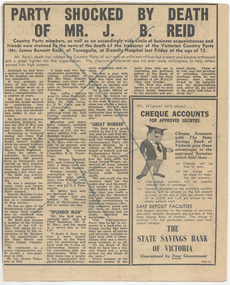 Newspaper clipping: 'Party Shocked By Death Of Mr J.B. Reid - Party Shocked By Death Of Mr J.B. Reid', June 13th, 1957