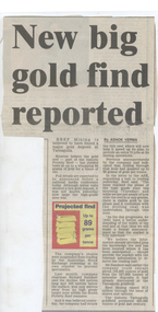 Newspaper clipping: 'New Big Gold Find Reported', 1990s