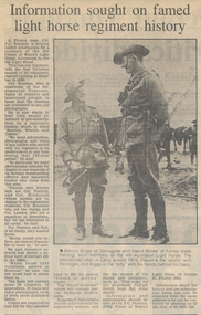 Newspaper clipping: 'Information Sought On Famed Light Horse Regiment History', 1988