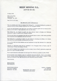 Letter from Reef Mining NL, 31 March 1994