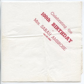 Serviette from Sarah Ambrose 100th birthday, 1961