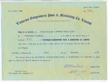 Share Certificate: Victorian Oatgrowers Pool & Marketing Co. Limited, 1st November 1962