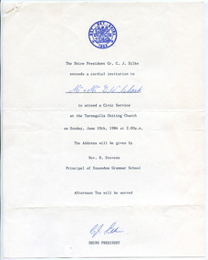 Invitation: Tarnagulla Uniting Church Civic Service, 1984