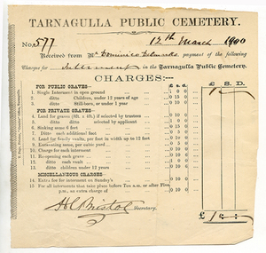 Tarnagulla Cemetery Receipt for Burial Fees, 12th March, 1900
