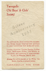 Card: Tarnagulla Old Boys' and Girls' Society Centenary Anniversary 1952, Tarnagulla Old Boys' and Girls' Society Centenary Anniversary 1952, 1952