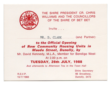 Invitation: Dunolly Community Housing, 1988