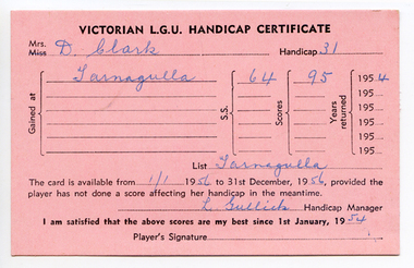 Golf Handicap Card, 1954
