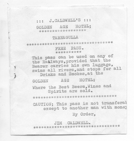 Caldwell's Golden Age Hotel Free Pass, circa 1985