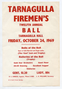 Notice: Tarnagulla Firemen's Ball, 1969