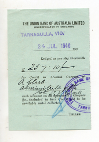 Deposit Slip, Tarnagulla Union Bank, 1940