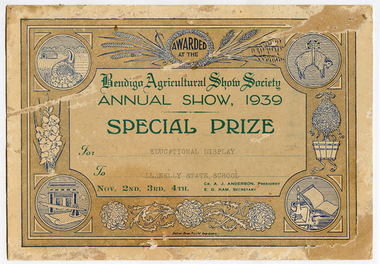 Prize certificate: Bendigo Agricultural Show 1939, 1939