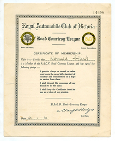 RACV Certificate of Membership, 1930