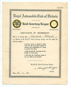 RACV Certificate of Membership, 1930, 1930