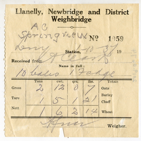 Ticket from Llanelly, Newbridge & District Weighbridge, 1st October 1937
