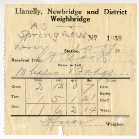 Ticket from Llanelly, Newbridge & District Weighbridge, 1st October 1937