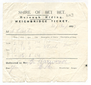 Ticket from Shire of Bet Bet Weighbridge, 1920s