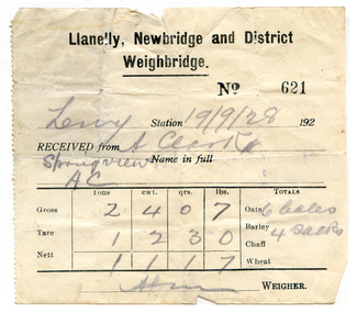 Ticket from Llanelly, Newbridge & District Weighbridge, 1928