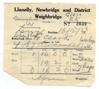 Ticket from Llanelly, Newbridge & District Weighbridge, 1933