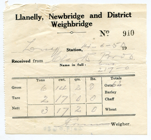 Ticket from Llanelly, Newbridge & District Weighbridge, 1950
