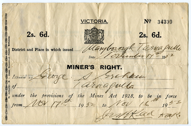 Miners Right: George S. Graham, Tarnagulla, November 17th, 1952