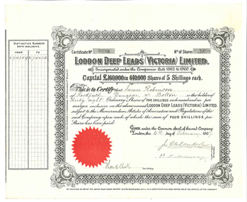 Share certificate: Loddon Deep Leads (Victoria) Limited, 1907