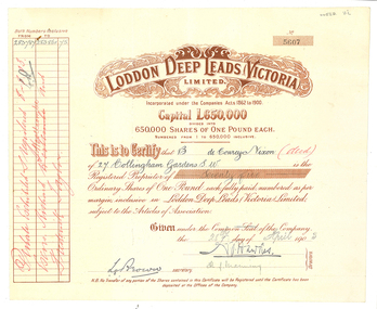 Share certificate: Loddon Deep Leads Victoria Limited, 1903