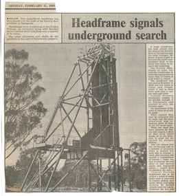 Article: Headframe Signals Underround Search, February 11, 1985