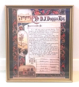 Framed colour photocopy: Illuminated address to D.J. Duggan Esq, Original - March 14th, 1894. Copy - probably 1990s