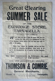 Advertising Placard, Thomson and Comrie Exchange Store, Tarnagulla