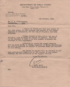 Letter & Papers Relating to Sale of Tarnagulla Powder Magazine, 1952